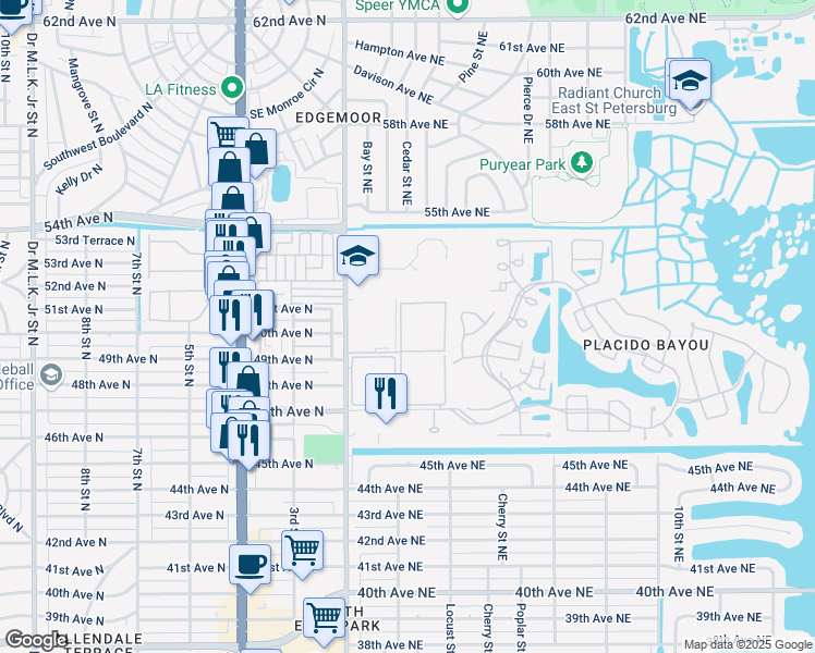 map of restaurants, bars, coffee shops, grocery stores, and more near 4915 Bay Street Northeast in St. Petersburg