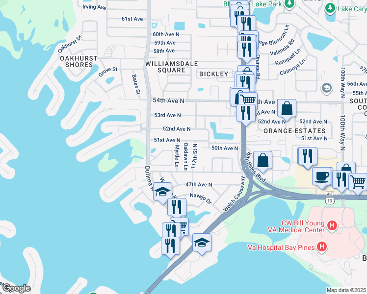 map of restaurants, bars, coffee shops, grocery stores, and more near 5080 Oaklawn Lane in Saint Petersburg