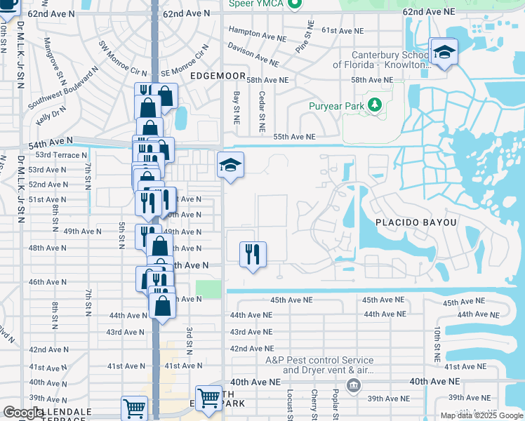 map of restaurants, bars, coffee shops, grocery stores, and more near 4915 Bay Street Northeast in St. Petersburg