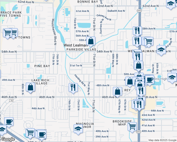 map of restaurants, bars, coffee shops, grocery stores, and more near 7185 50th Avenue North in St. Petersburg