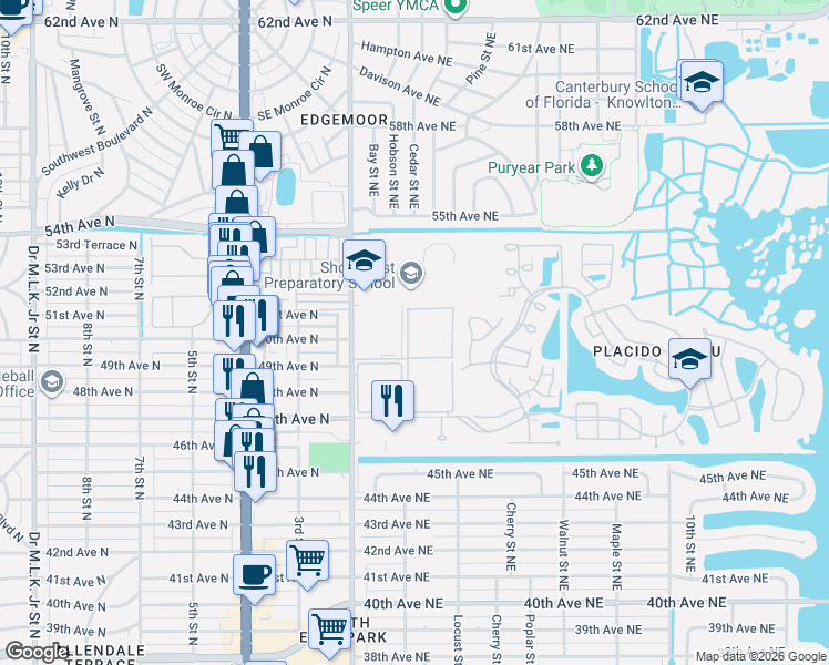 map of restaurants, bars, coffee shops, grocery stores, and more near 4915 Bay Street Northeast in St. Petersburg