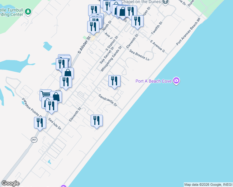 map of restaurants, bars, coffee shops, grocery stores, and more near 983 Banyan Beach Drive in Port Aransas