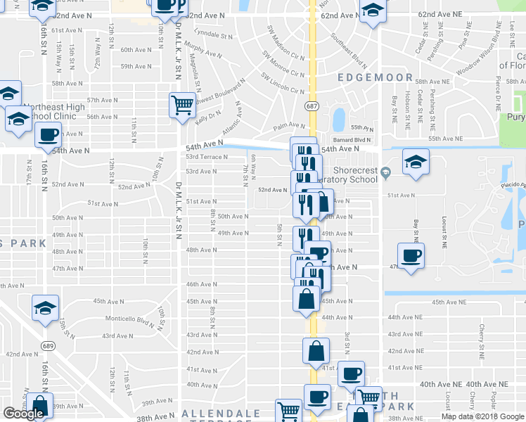 map of restaurants, bars, coffee shops, grocery stores, and more near 628 51st Avenue North in St. Petersburg