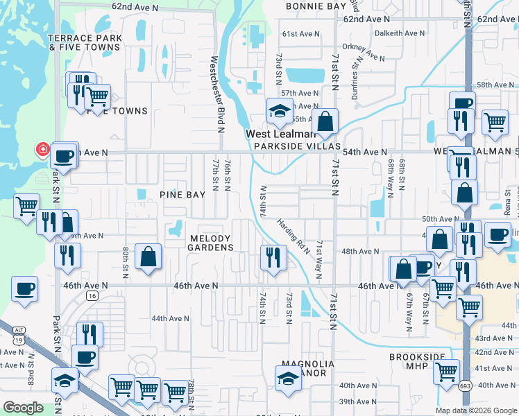 map of restaurants, bars, coffee shops, grocery stores, and more near 5000 74th Street North in St. Petersburg