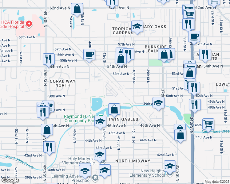map of restaurants, bars, coffee shops, grocery stores, and more near 5070 Duval Circle in St. Petersburg