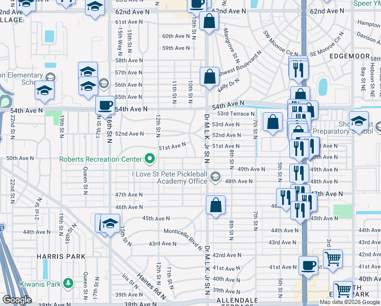 map of restaurants, bars, coffee shops, grocery stores, and more near 5000 10th Street North in Saint Petersburg