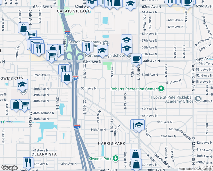 map of restaurants, bars, coffee shops, grocery stores, and more near 2017 50th Avenue North in St. Petersburg