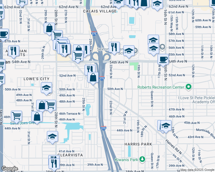 map of restaurants, bars, coffee shops, grocery stores, and more near 5000 22nd Street North in St. Petersburg