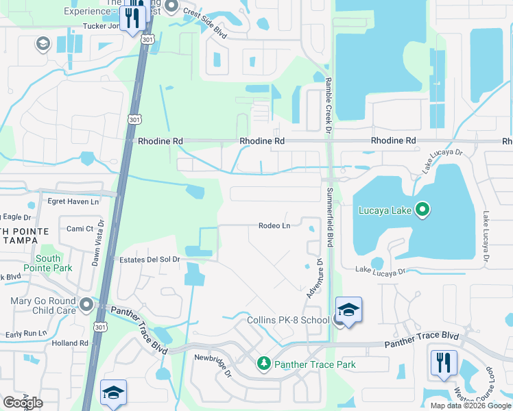 map of restaurants, bars, coffee shops, grocery stores, and more near 11004 Rodeo Lane in Riverview