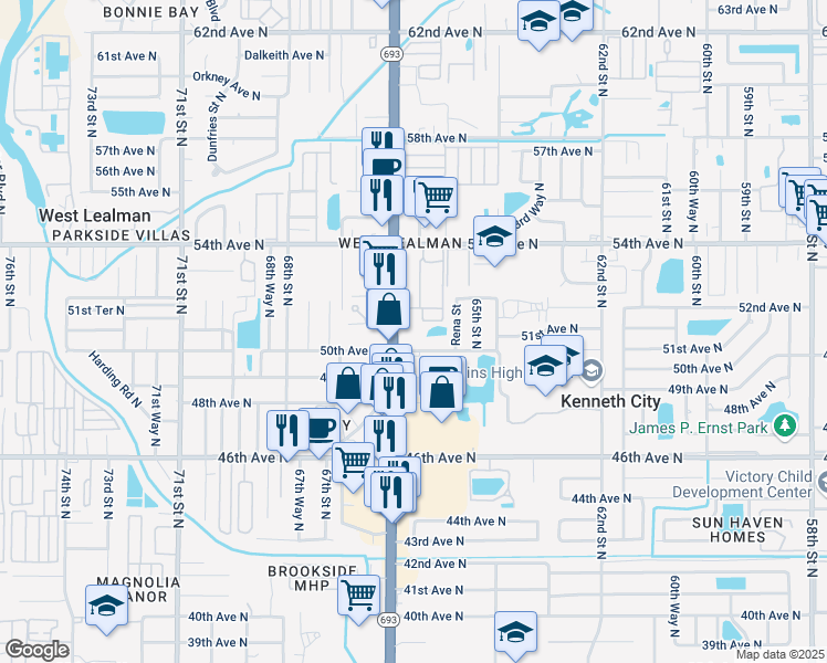 map of restaurants, bars, coffee shops, grocery stores, and more near 5001 66th Street North in St. Petersburg