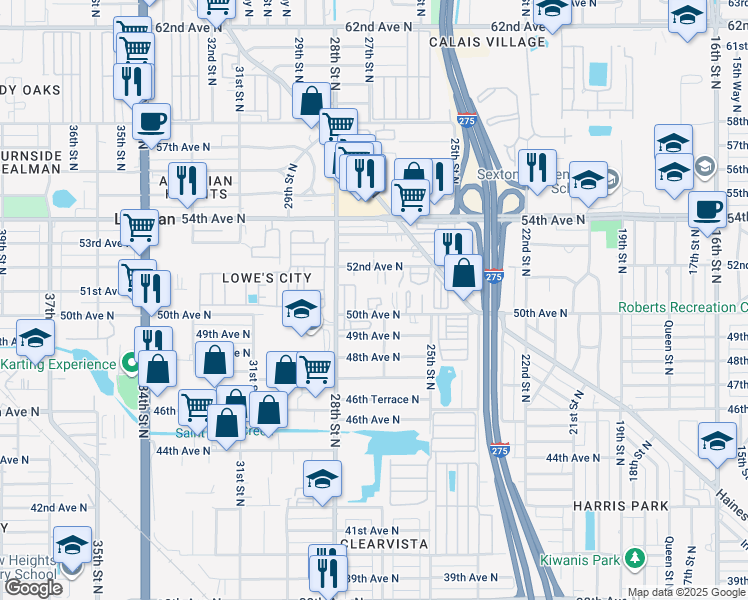 map of restaurants, bars, coffee shops, grocery stores, and more near 2628 50th Avenue North in St. Petersburg