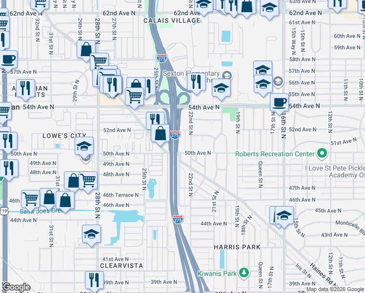 map of restaurants, bars, coffee shops, grocery stores, and more near 5037 23rd Street North in St. Petersburg