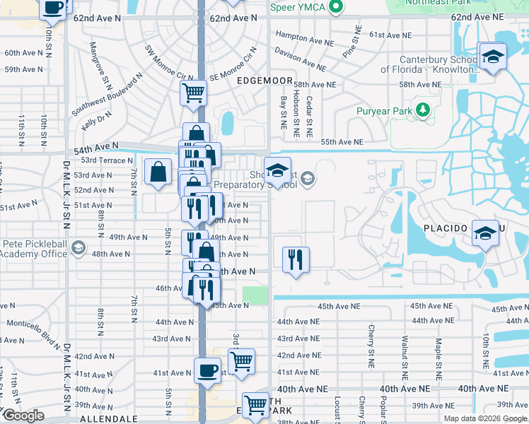 map of restaurants, bars, coffee shops, grocery stores, and more near 5026 1st Street North in St. Petersburg