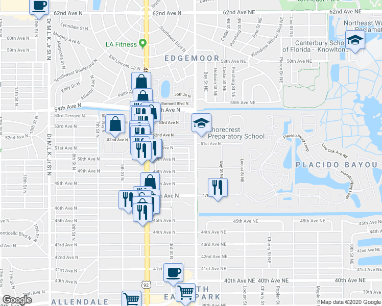map of restaurants, bars, coffee shops, grocery stores, and more near 5006 1st Street North in St. Petersburg