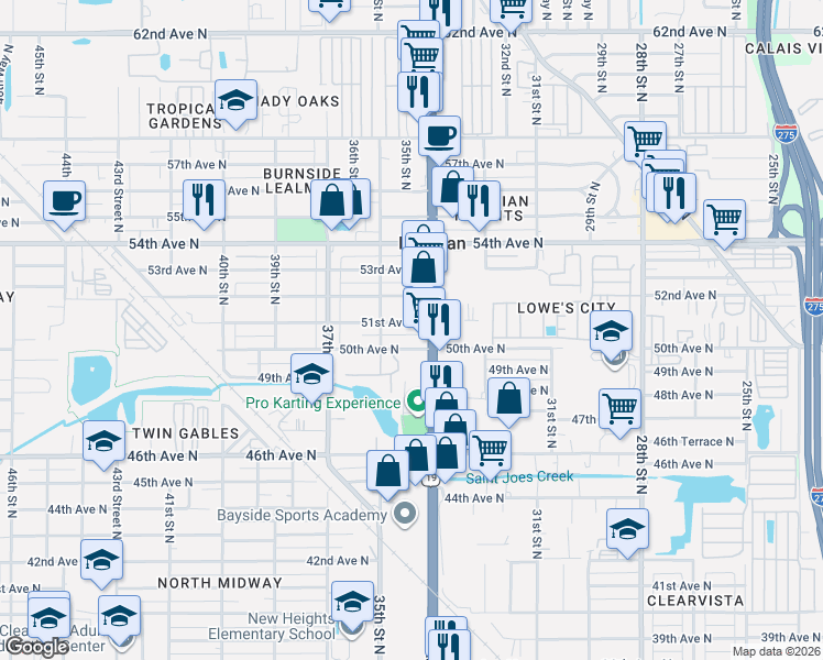 map of restaurants, bars, coffee shops, grocery stores, and more near 4994 34th Street North in St. Petersburg