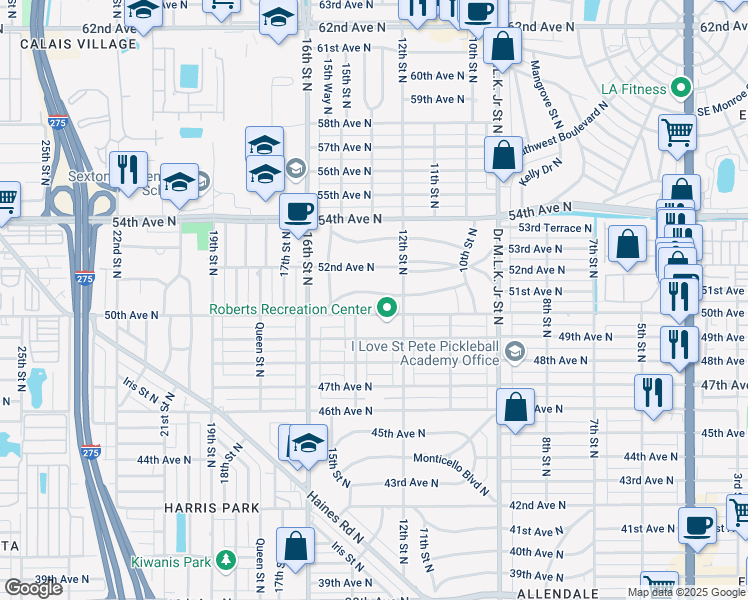 map of restaurants, bars, coffee shops, grocery stores, and more near 1225 50th Avenue North in St. Petersburg