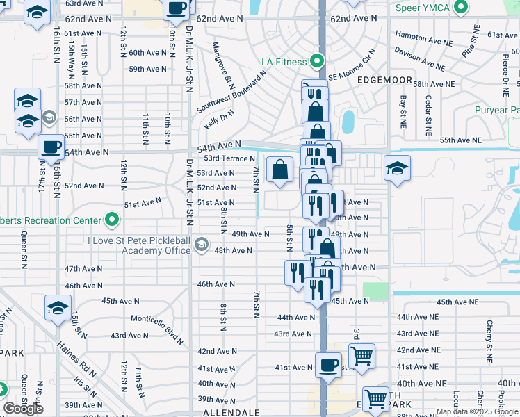 map of restaurants, bars, coffee shops, grocery stores, and more near 640 50th Avenue North in St. Petersburg