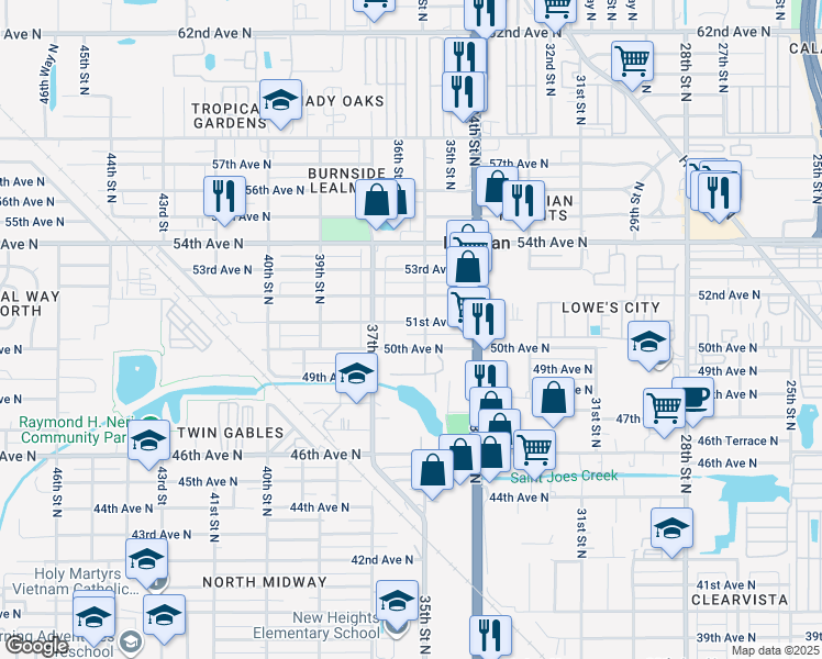 map of restaurants, bars, coffee shops, grocery stores, and more near 3537 50th Avenue North in St. Petersburg