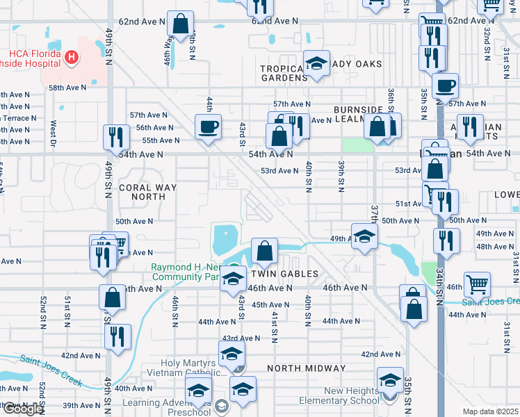 map of restaurants, bars, coffee shops, grocery stores, and more near 5070 Duval Circle in St. Petersburg