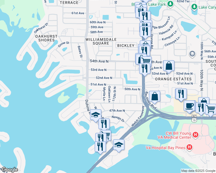 map of restaurants, bars, coffee shops, grocery stores, and more near 5090 Oaklawn Lane in St. Petersburg