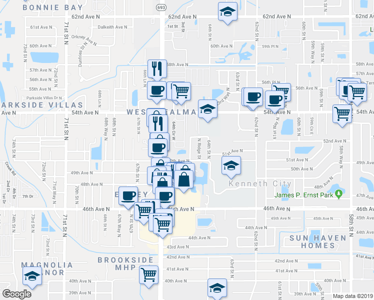 map of restaurants, bars, coffee shops, grocery stores, and more near 5100 Rena Street North in Saint Petersburg