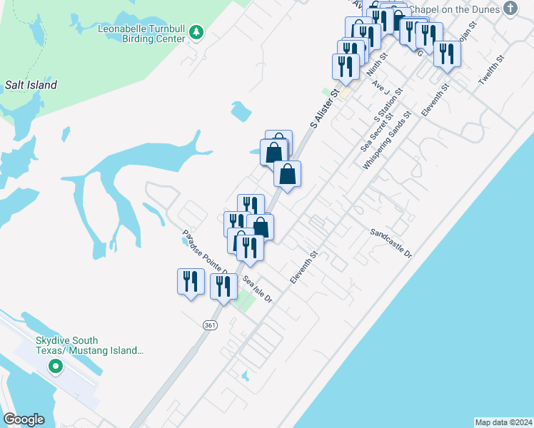 map of restaurants, bars, coffee shops, grocery stores, and more near 315 South Alister Street in Port Aransas