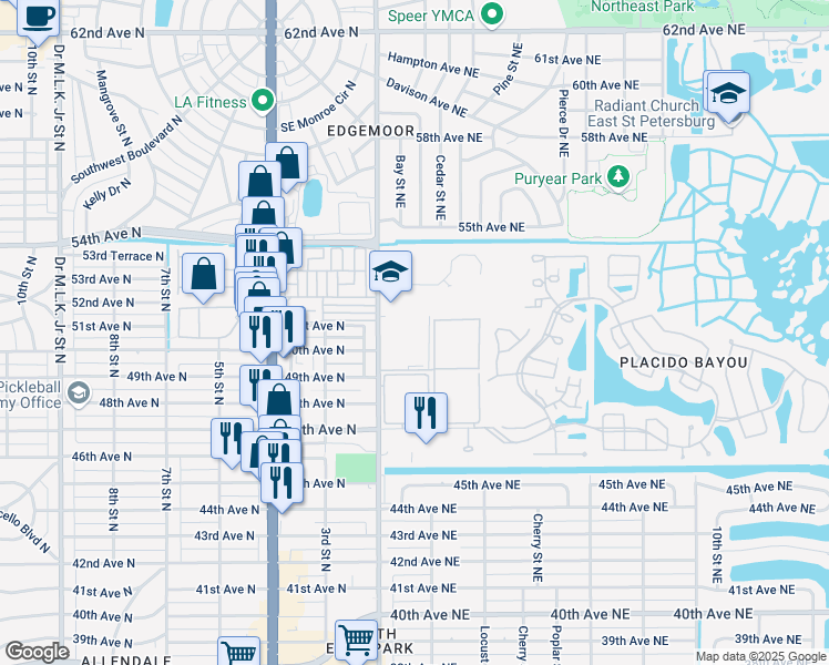 map of restaurants, bars, coffee shops, grocery stores, and more near 4910 Bay Street Northeast in St. Petersburg