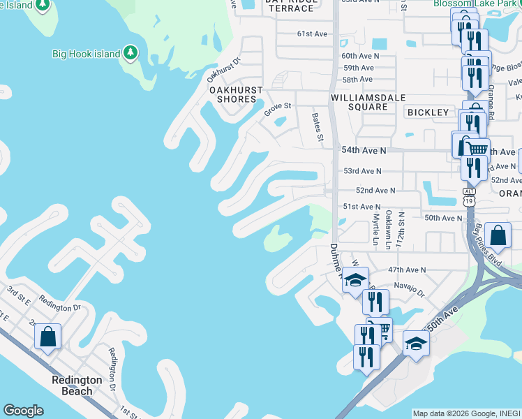map of restaurants, bars, coffee shops, grocery stores, and more near 636 Boca Ciega Point Boulevard South in St. Petersburg