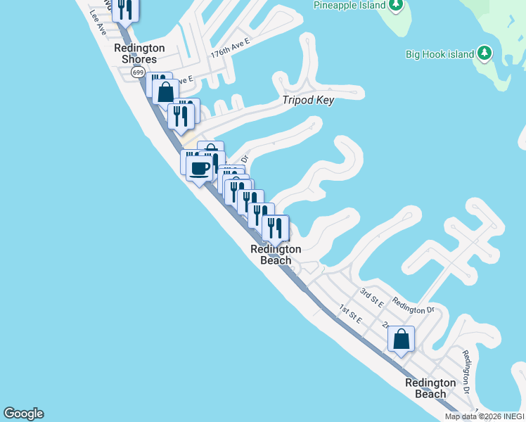 map of restaurants, bars, coffee shops, grocery stores, and more near 16895 1st Street East in North Redington Beach