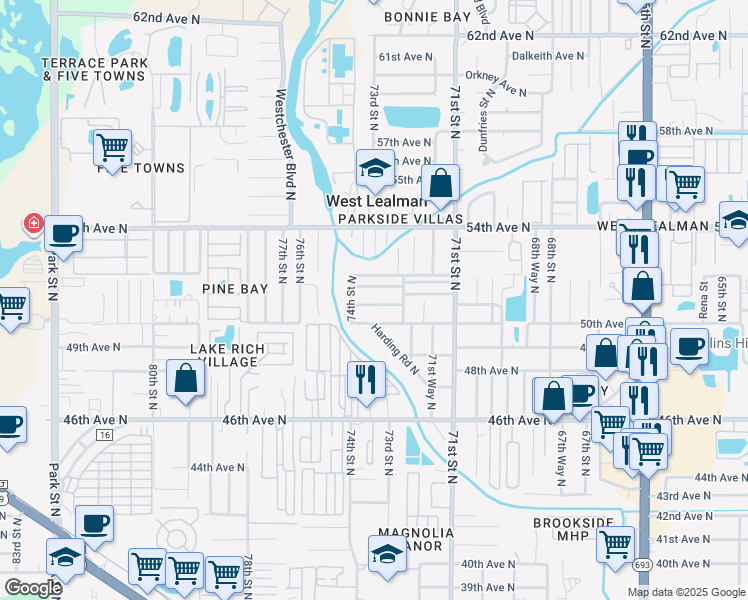 map of restaurants, bars, coffee shops, grocery stores, and more near 7211 50th Avenue North in St. Petersburg