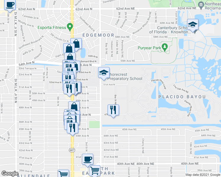 map of restaurants, bars, coffee shops, grocery stores, and more near 5090 Bay Street Northeast in St. Petersburg