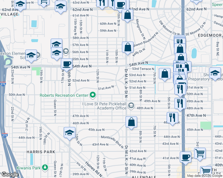 map of restaurants, bars, coffee shops, grocery stores, and more near 1034 51st Avenue North in St. Petersburg