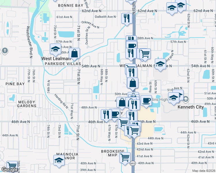 map of restaurants, bars, coffee shops, grocery stores, and more near 5197 68th Street North in St. Petersburg