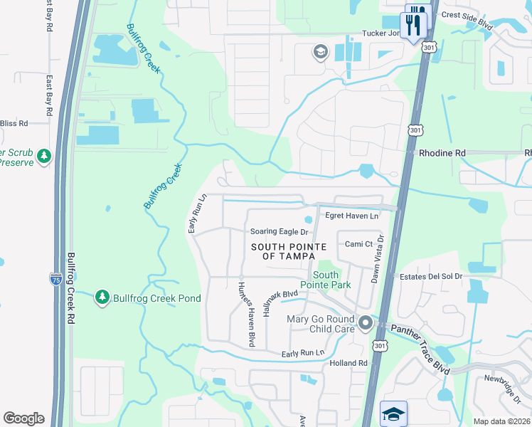 map of restaurants, bars, coffee shops, grocery stores, and more near 13239 Early Run Lane in Riverview