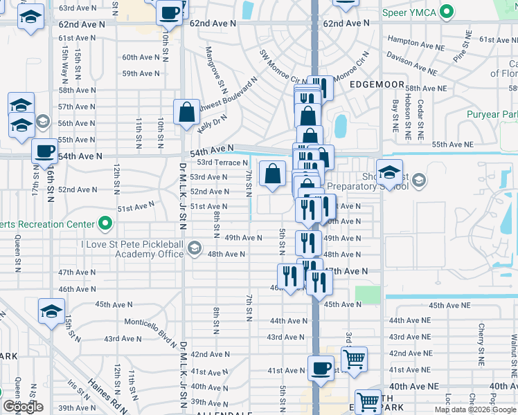 map of restaurants, bars, coffee shops, grocery stores, and more near 5125 6th Way North in Saint Petersburg