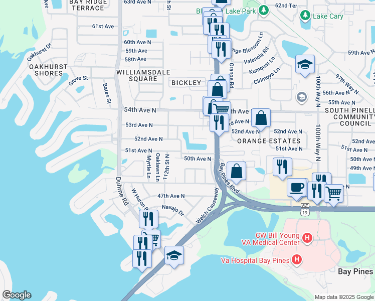 map of restaurants, bars, coffee shops, grocery stores, and more near 10955 Clara Lane in Saint Petersburg