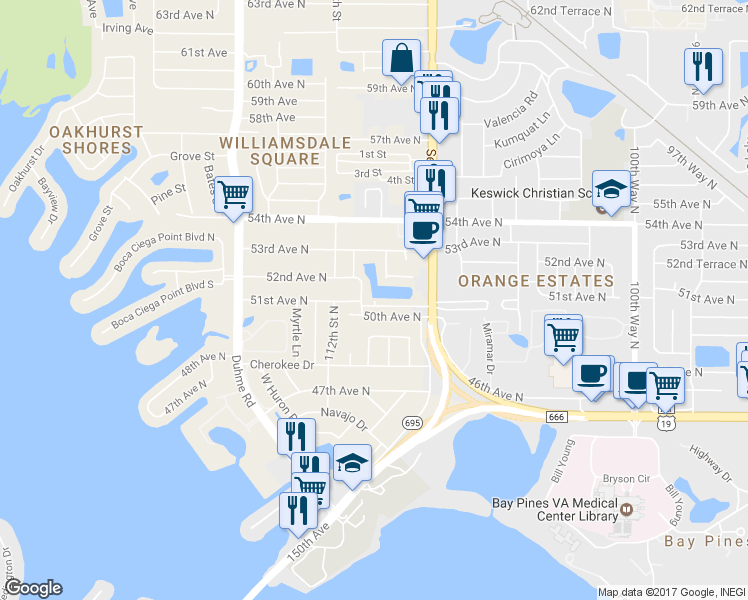 map of restaurants, bars, coffee shops, grocery stores, and more near 10955 Clara Lane in Saint Petersburg