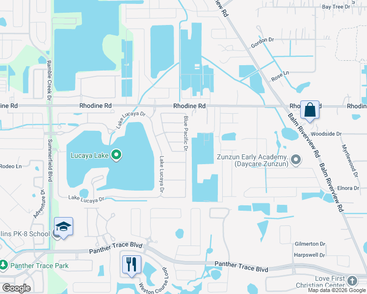 map of restaurants, bars, coffee shops, grocery stores, and more near 12271 Blue Pacific Drive in Riverview