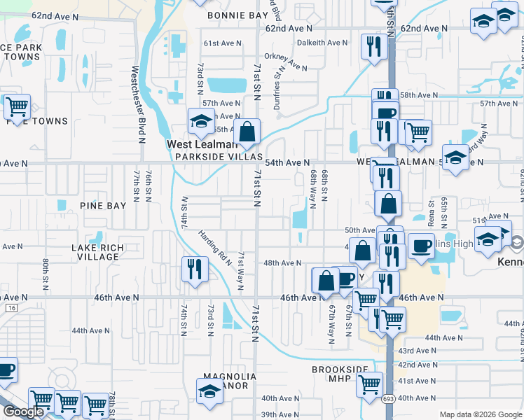 map of restaurants, bars, coffee shops, grocery stores, and more near 5190 71st Street North in St. Petersburg