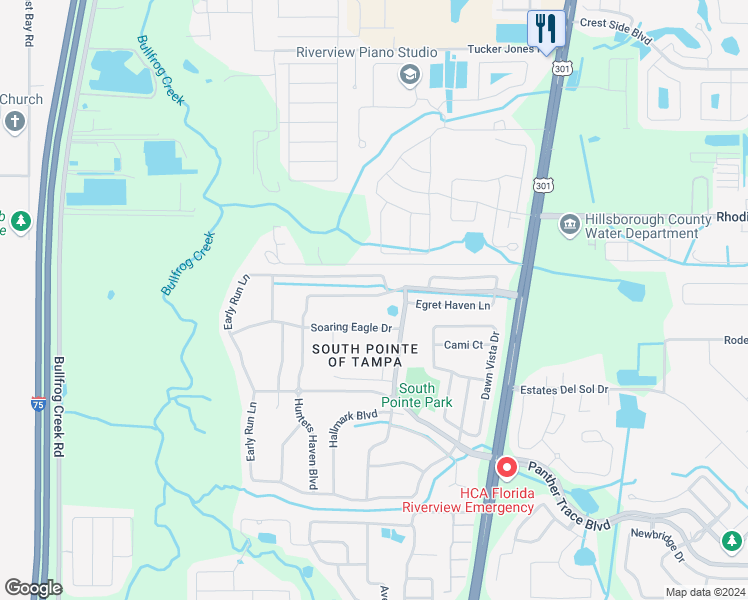 map of restaurants, bars, coffee shops, grocery stores, and more near 10455 Hunters Haven Boulevard in Riverview
