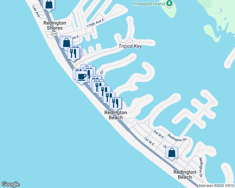 map of restaurants, bars, coffee shops, grocery stores, and more near 187 Bath Club Boulevard North in North Redington Beach