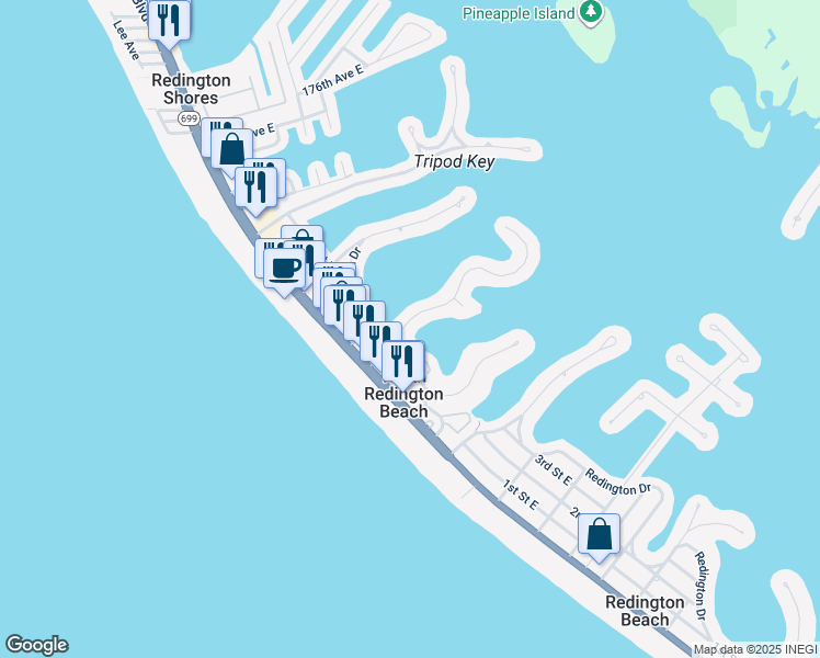 map of restaurants, bars, coffee shops, grocery stores, and more near 187 Bath Club Boulevard North in North Redington Beach