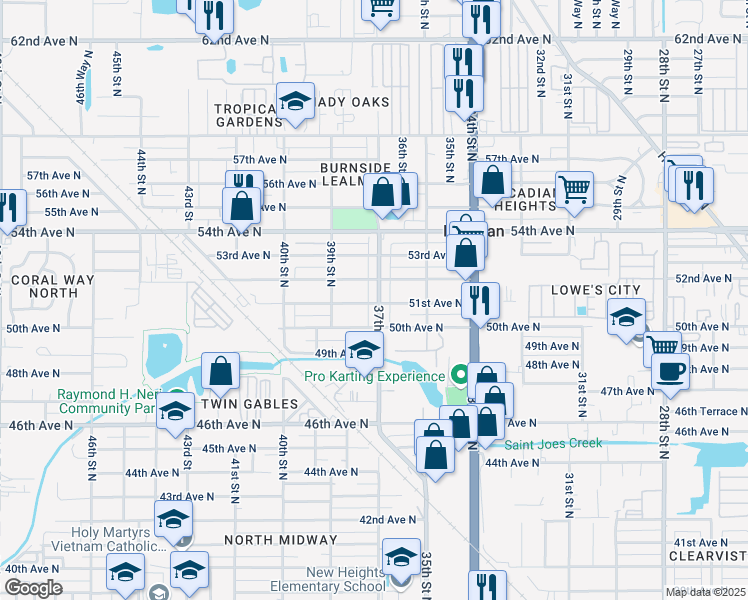 map of restaurants, bars, coffee shops, grocery stores, and more near 3780 52nd Avenue North in St. Petersburg