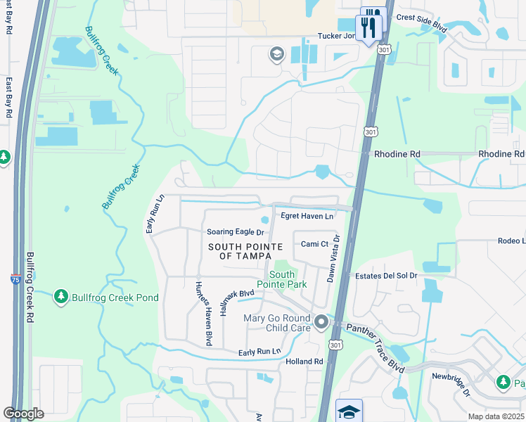 map of restaurants, bars, coffee shops, grocery stores, and more near 10463 Hunters Haven Boulevard in Riverview