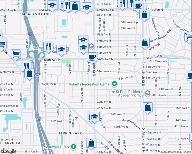map of restaurants, bars, coffee shops, grocery stores, and more near 5146 15th Street North in St. Petersburg