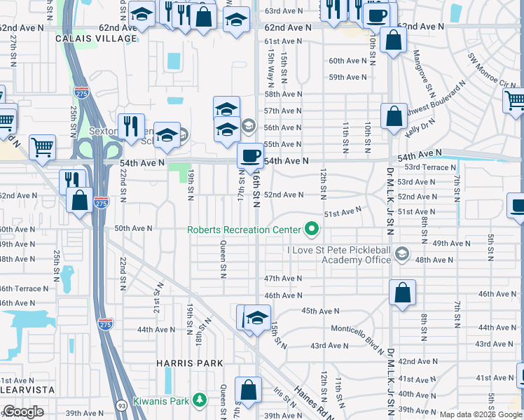 map of restaurants, bars, coffee shops, grocery stores, and more near 5146 15th Street North in St. Petersburg
