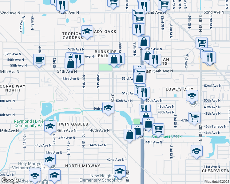 map of restaurants, bars, coffee shops, grocery stores, and more near 3670 52nd Avenue North in St. Petersburg