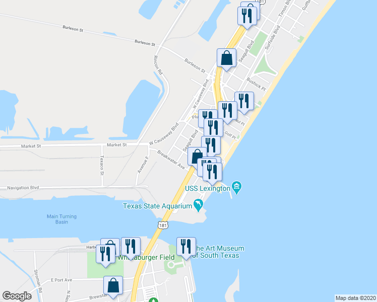 map of restaurants, bars, coffee shops, grocery stores, and more near 3001 Seagull Boulevard in Corpus Christi