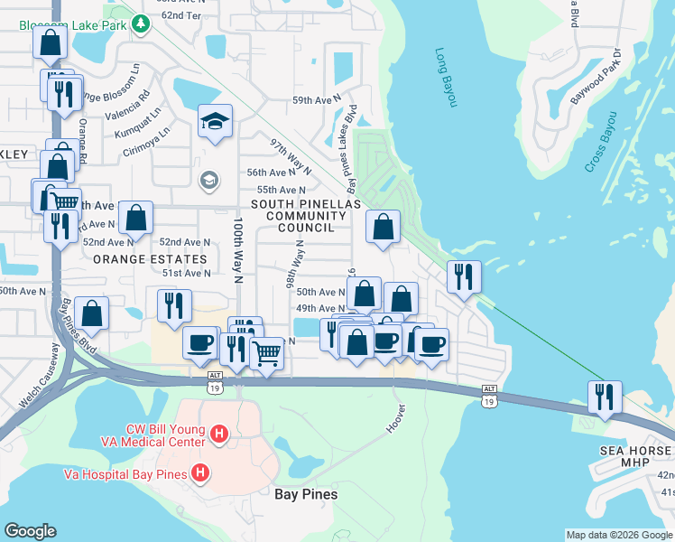 map of restaurants, bars, coffee shops, grocery stores, and more near 9712 52nd Avenue North in St. Petersburg