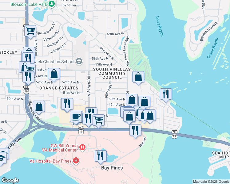 map of restaurants, bars, coffee shops, grocery stores, and more near 9813 51st Avenue North in St. Petersburg
